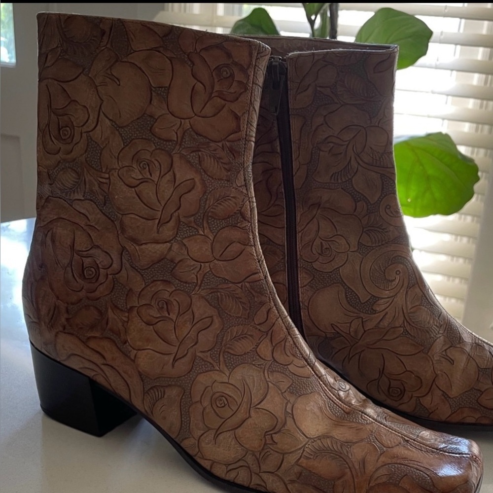 August Max Floral Italian Leather Embossed  Ankle Boots $220